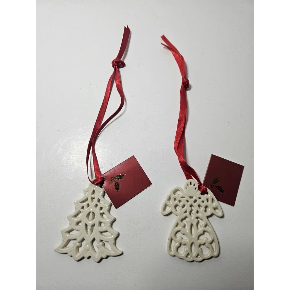 Lenox Pierced Ivory Porcelain Christmas Ornament Set Tree and Angel Red Ribbon
